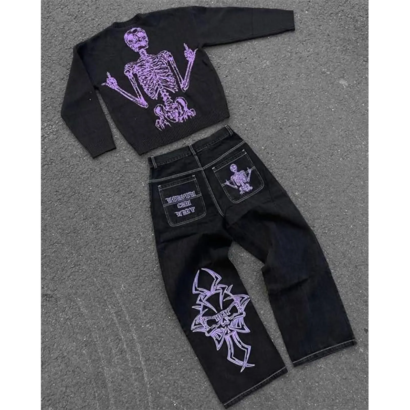 Urban Legends Denim Jeans with Skull and Crossbones Design, Black Color, Comfortable Fit, Perfect for Casual Wear