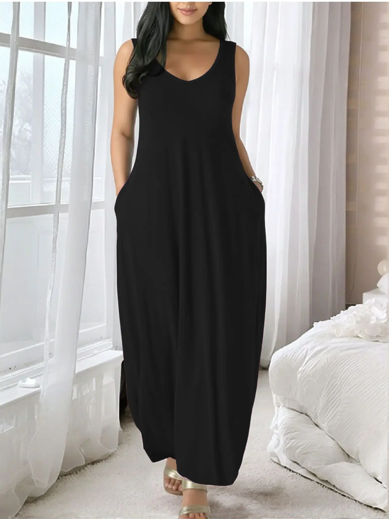 Summer Casual Sleeveless Backless Long Dress with Pockets, Loose Fit Comfortable Slimming Home Wear, Versatile Everyday