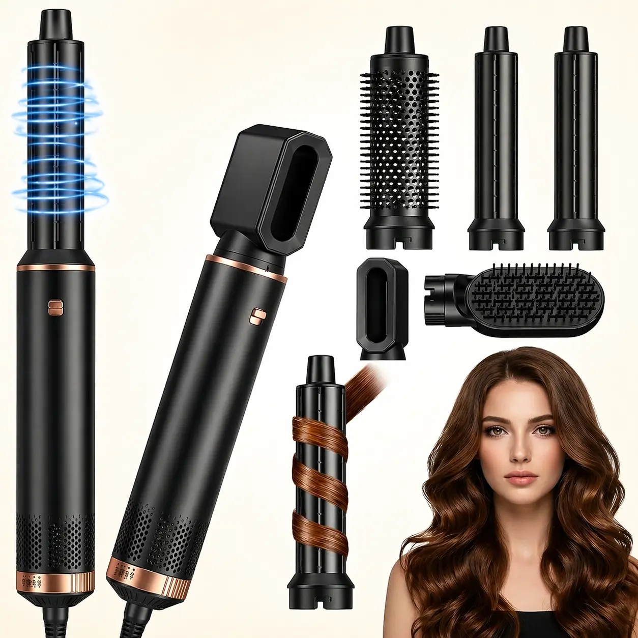 5-in-1 Ionic Hot Air Styler & Curler - Adjustable Blowout Dryer, Straightening Brush with Attachment, Lightweight Bathroom Gadget for Daily Smoothing, Volume, Frizz-Free Results (Hair Styling Tools)