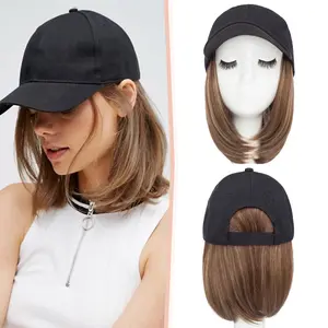 SEGOHAIR Baseball Cap with Hair Extensions Heat Resistant Synthetic Adjustable Short Straight Hairstyle White and Black Cap wigs for Women 6 Inch