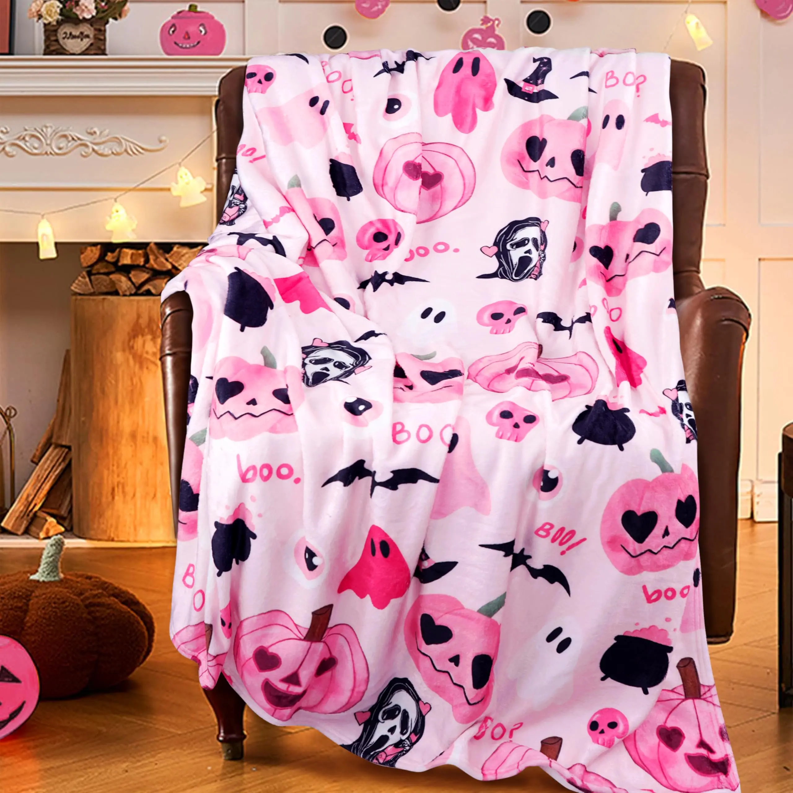 Super Soft Flannel Halloween Blanket - Skull-Bat Design, Pink Pumpkin Accent, Travel-Friendly Decorative Throw for Couch, Bed, Family Use