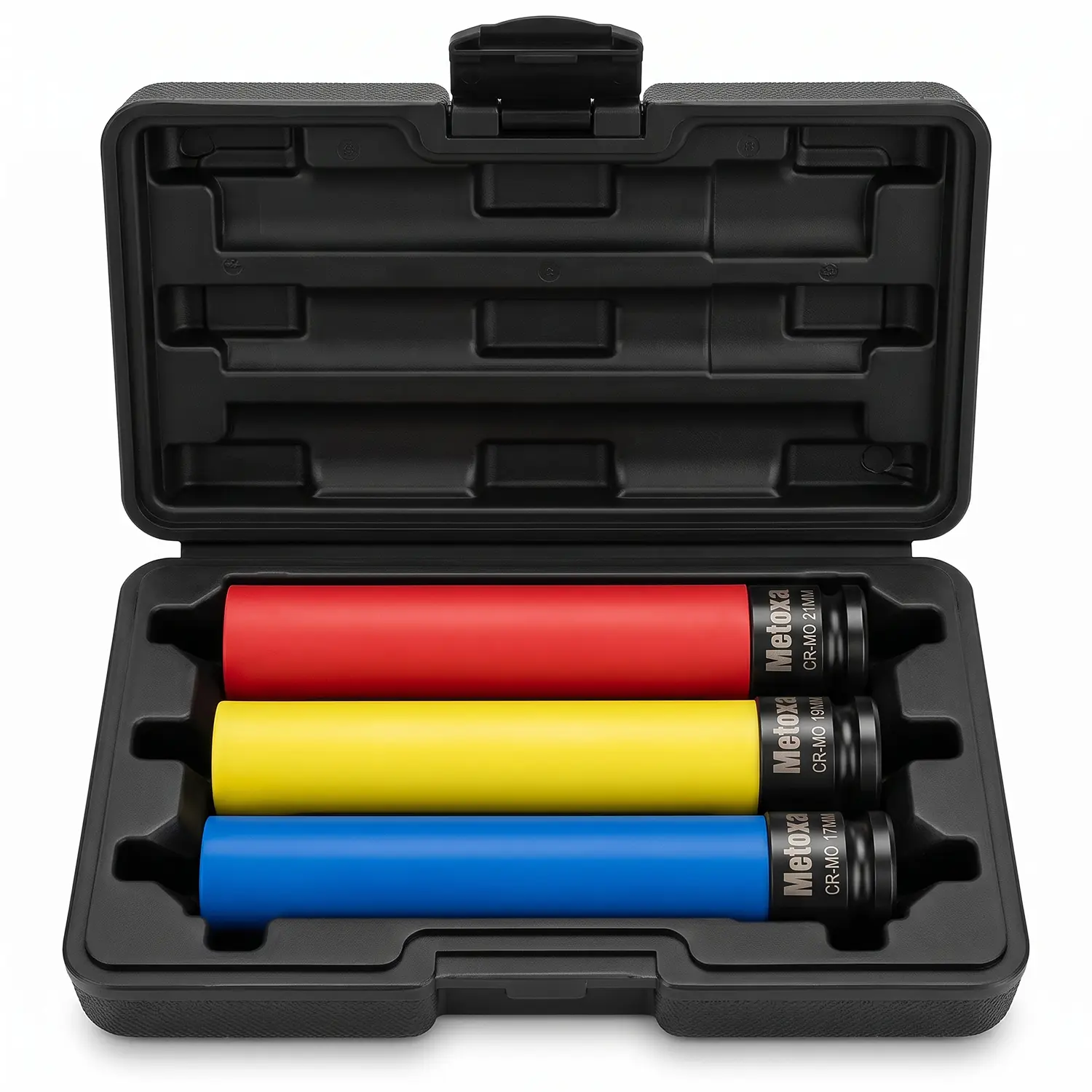 METOXA 3-Piece Impact Sockets Set, 1/2" Drive 6-Point Thin-Wall Cr-Mo Steel Extra-Long Lug Nut Sockets (17/19/21 mm) with Color-Coded Nylon Sleeves