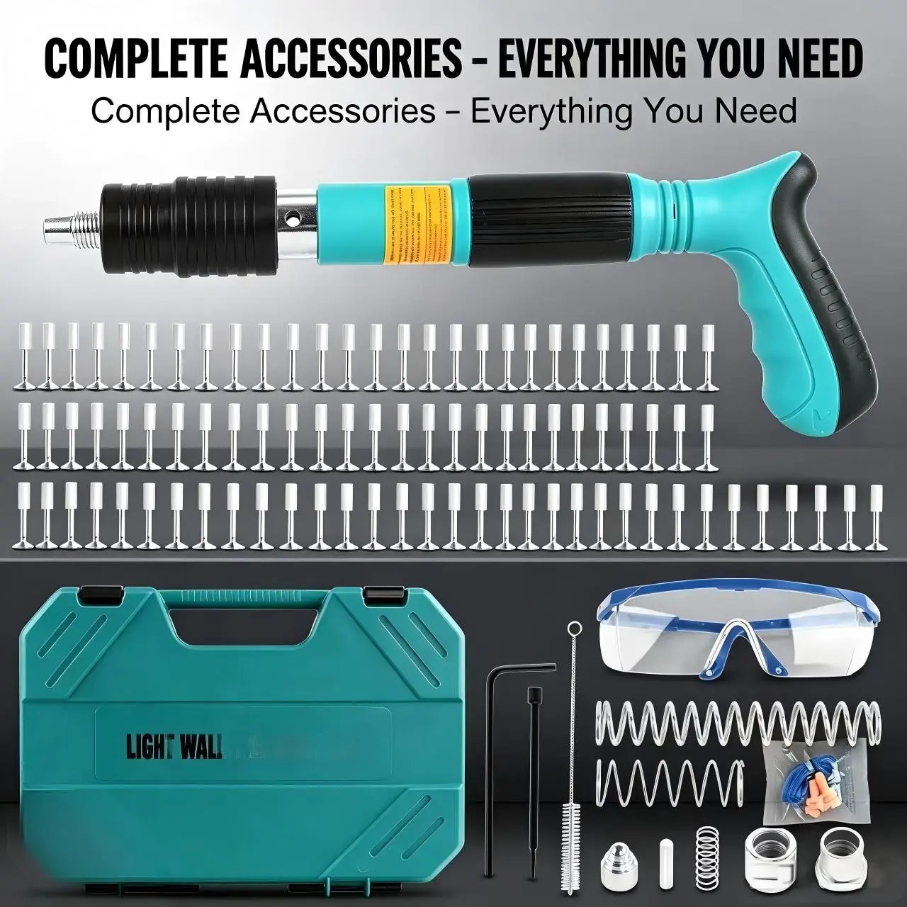 Nail Gun with 100 Round Nails,Concrete Nail Gun Kits,5 Speed Adjustable Manual Steel Nail Tool with Gloves,Brush,Glasses,Earplugs Nailgun