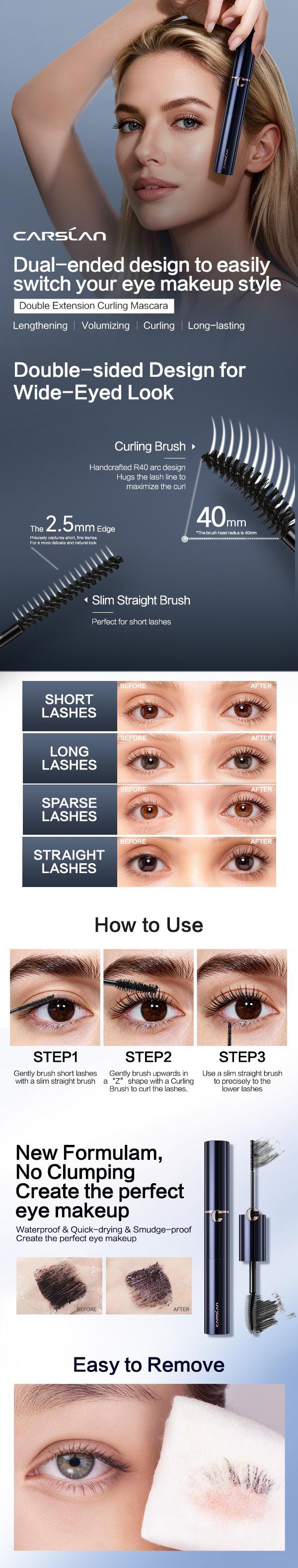 CARSLAN Double Head Mascara Waterproof Smudge Proof 24H Longlasting Defining Curling Lengthening Multiplying No Clumping or Flaking