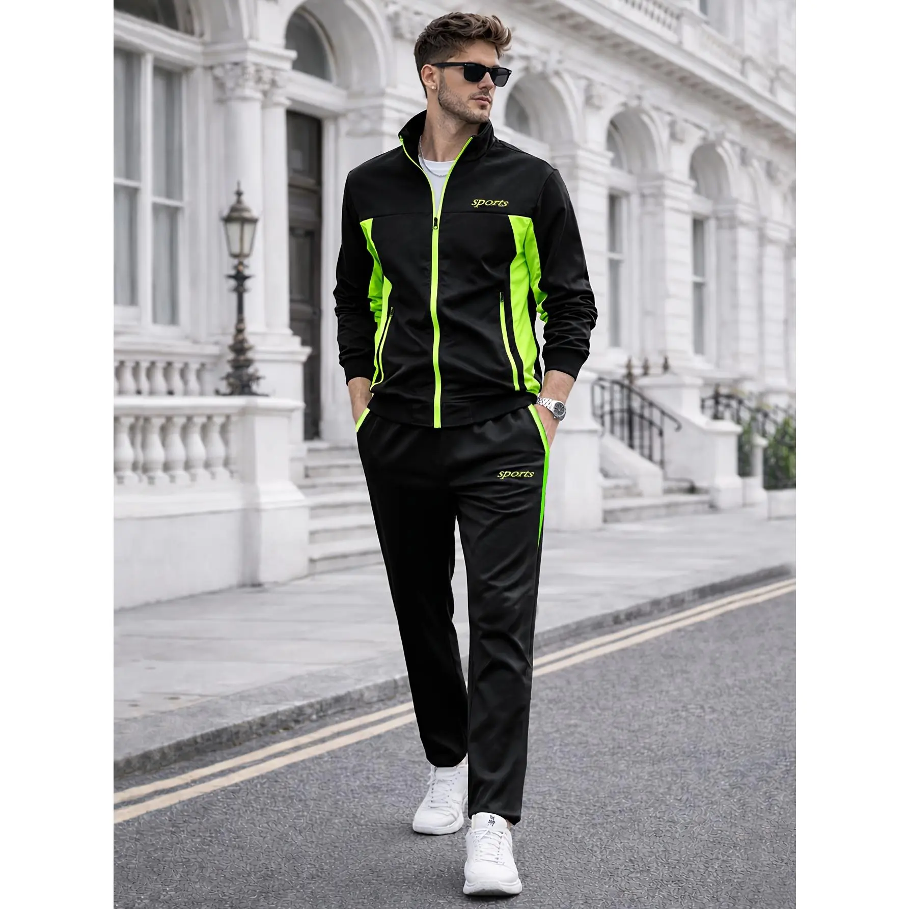 Male 2-Piece Polyester Woven Athletic Tracksuit Set (8030) - Long Sleeve Color Block Splicing Patchwork Sweatshirt & Hoodie, Full Length Matching Bottoms, Regular Fit, Micro Elastic, Comfortable, Easy-to-Wear, Machine Washable Casual Wear for Spring