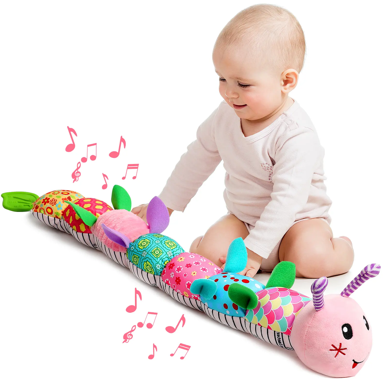 Newborn Baby Girl Gift Toys ,Infant Tummy Time Toys,Musical Stuffed Animal with Multi-Sensory Crinkle, Rattle and Textures,Baby Boy Girl Gifts,Pink Caterpillar Cute,back to school