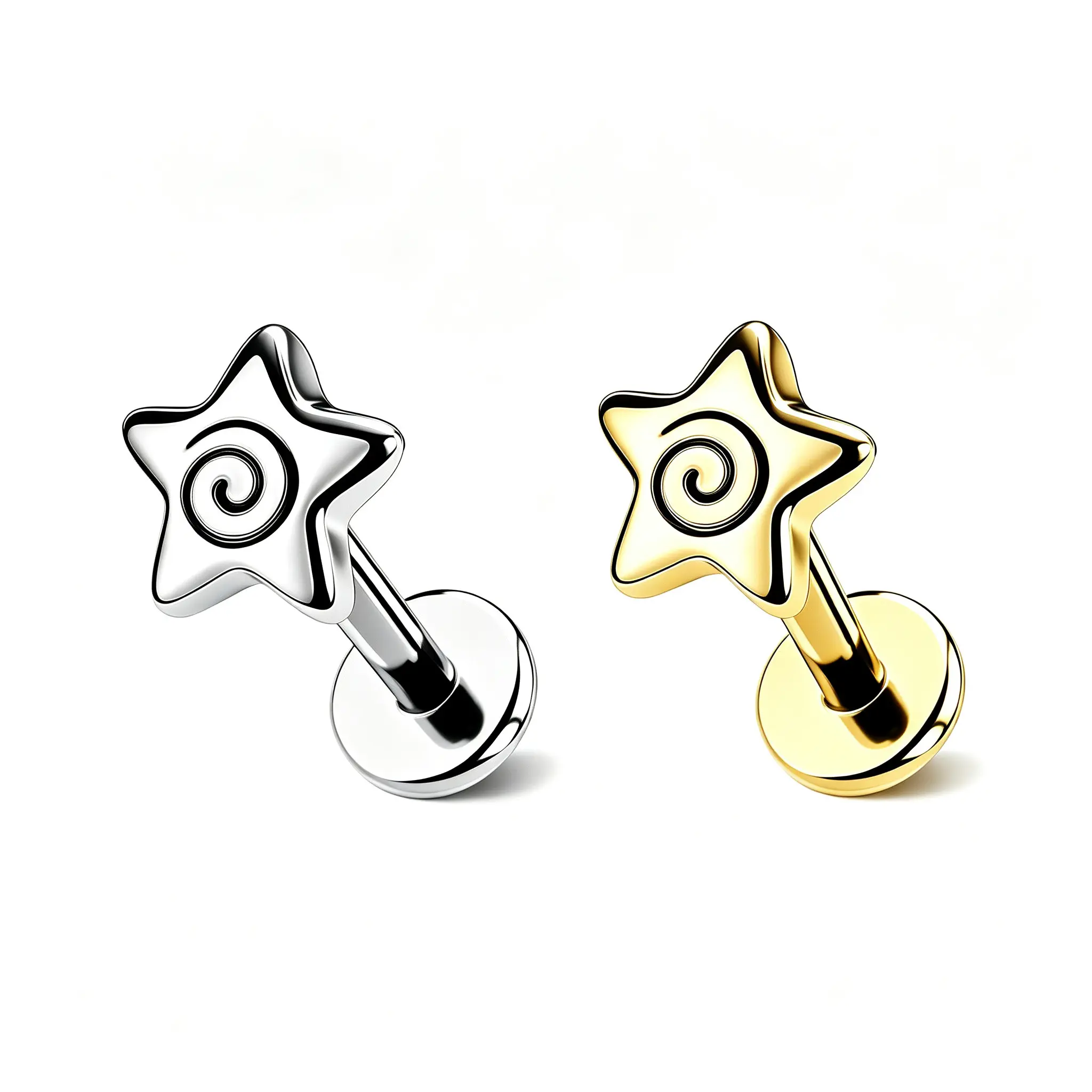 OUFER 16G Stainless Steel Spiral Star Flat Back Earrings Studs - Internally Threaded, Corrosion Resistant Female Cartilage Helix Ear Jewelry, 6mm