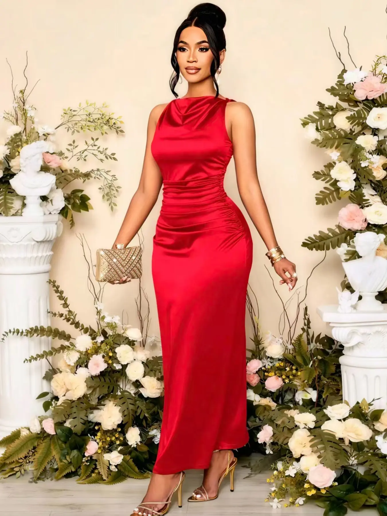 Elegant Women's Solid Color Formal Party Dress, Formal Wear, Sleeveless Drop Shoulder Design, Perfect for Events & Dates, Elegance, B3076 Model, Fit, Chic, Fashion Fit Dress