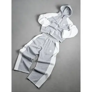 Gray & White Two-Piece Streetwear Tracksuit Set - TikTokShopBlackFriday Deals FallFashion, Cropped Hoodie & Pants Matching Outfit, Stylish Contrast Panel Design, Comfortable Casual Daily Wear, Trendy Aesthetic Co-ord, ChristmasGiftIdea