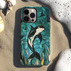 Majestic Orca Whale Stained Glass Aesthetic Tough Phone Case Ocean Mosaic Art Cover for iPhone 11 12 13 14 15 16 17 Pro Max
