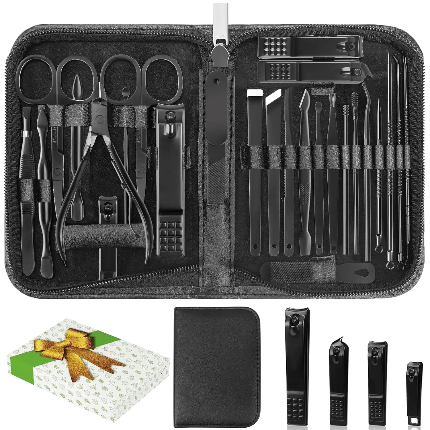 Professional Manicure Set with Storage Case, 26pcs Portable Multi-functional Nail Clipper Set Pedicure Care Tools, Nail Kits for Women & Men, Nails, Foot Callus Remover, Cuticle Pusher, Pedicure, Nail Supplies, Nail Care, Compact Black Nail Art