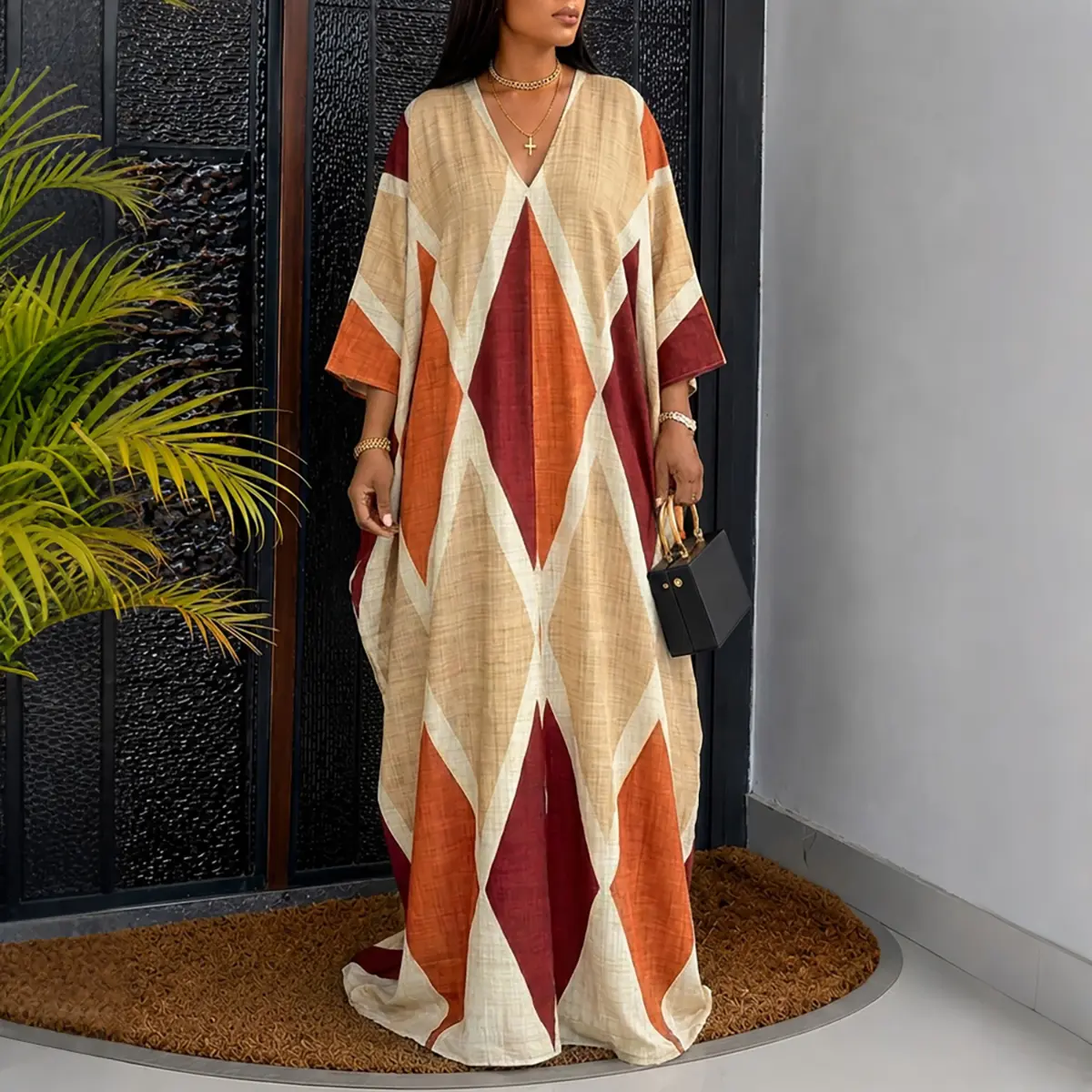 CHICME Women's Oversized Argyle Kaftan Maxi Dress V Neck Batwing Sleeve Hollow-out Beach Robe Long Dress with Pockets