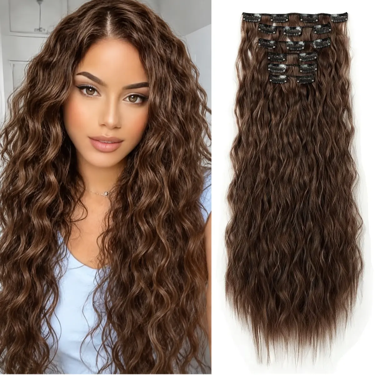 Clip in Hair Extensions 6PCS Hair Extensions 24INCH Synthetic Long Curly Wavy Clip in Hair Extension Natural Thick Deep Wave Invisible Seamless Hairpieces for Women Girls Party Daily Use enhances volume
