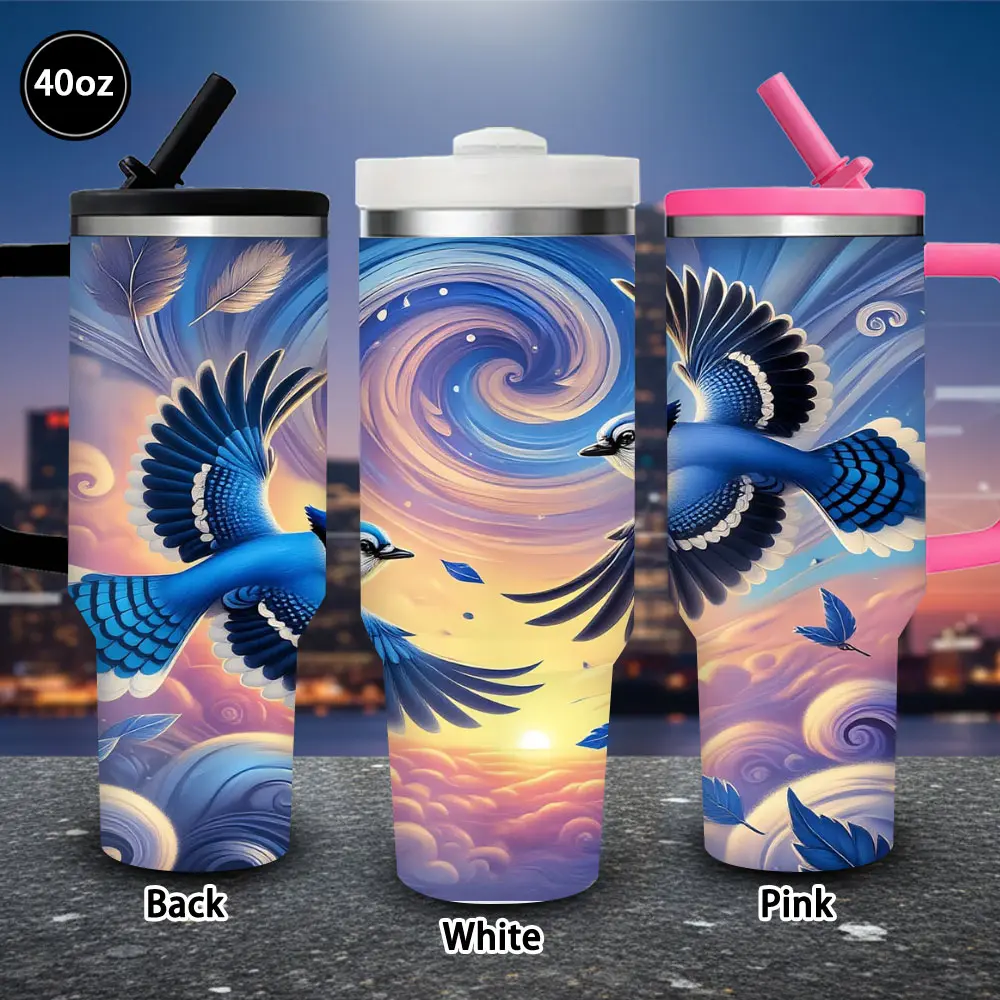 1 pc 40 oz Whimsical Bluebirds and Swirling Sky Tumbler with lid and straw, winter insulated travel mug, gift for women and men, ideal for Valentine’s Day, Easter, birthday gifts, iced/hot coffee cup
