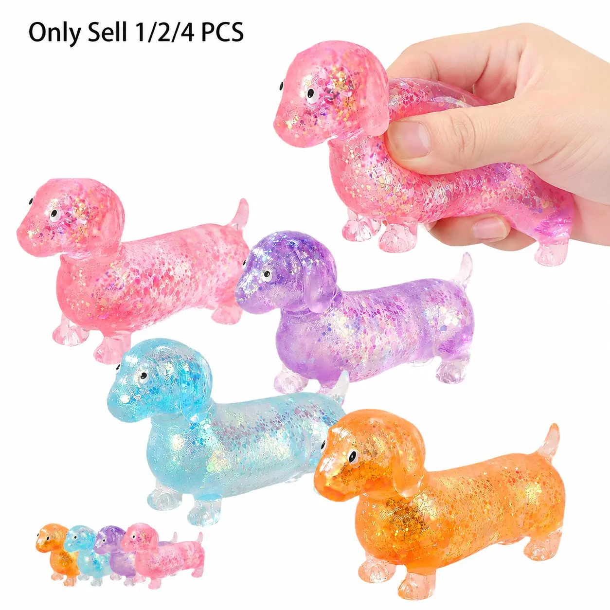 1/2/4 PCS Upgraded Sparkly Mini Dachshund Sausage Dog Stretch Stress Ball, Anxiety Stress Relief Squishies for Kids & Adults, Glittery Squishies, Squeeze Stress Balls