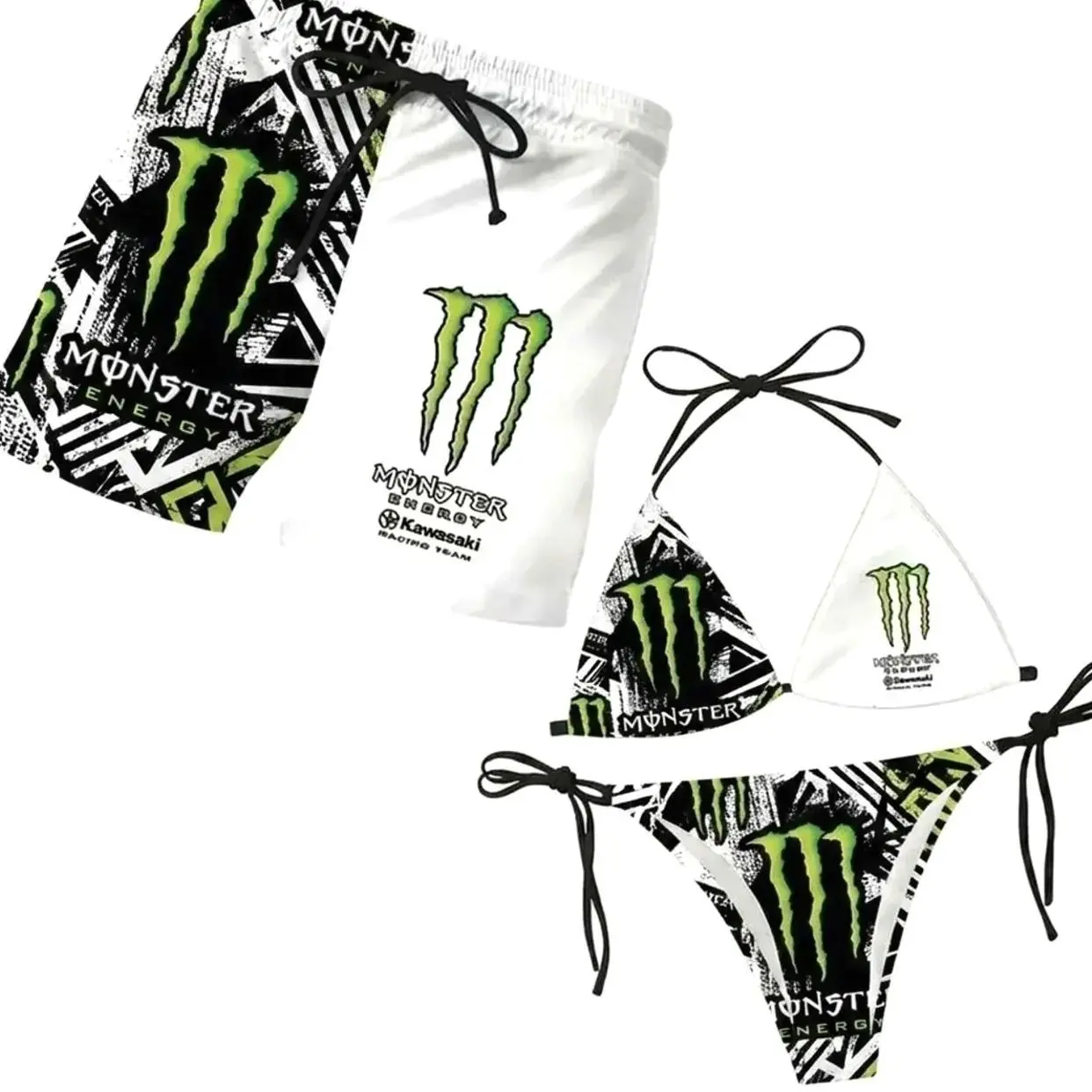 Monster Energy-style swimwear collection – women's side-tie triangle bikini & men's board shorts; Hawaiian-style sportswear and outdoor gear for summer vacation.