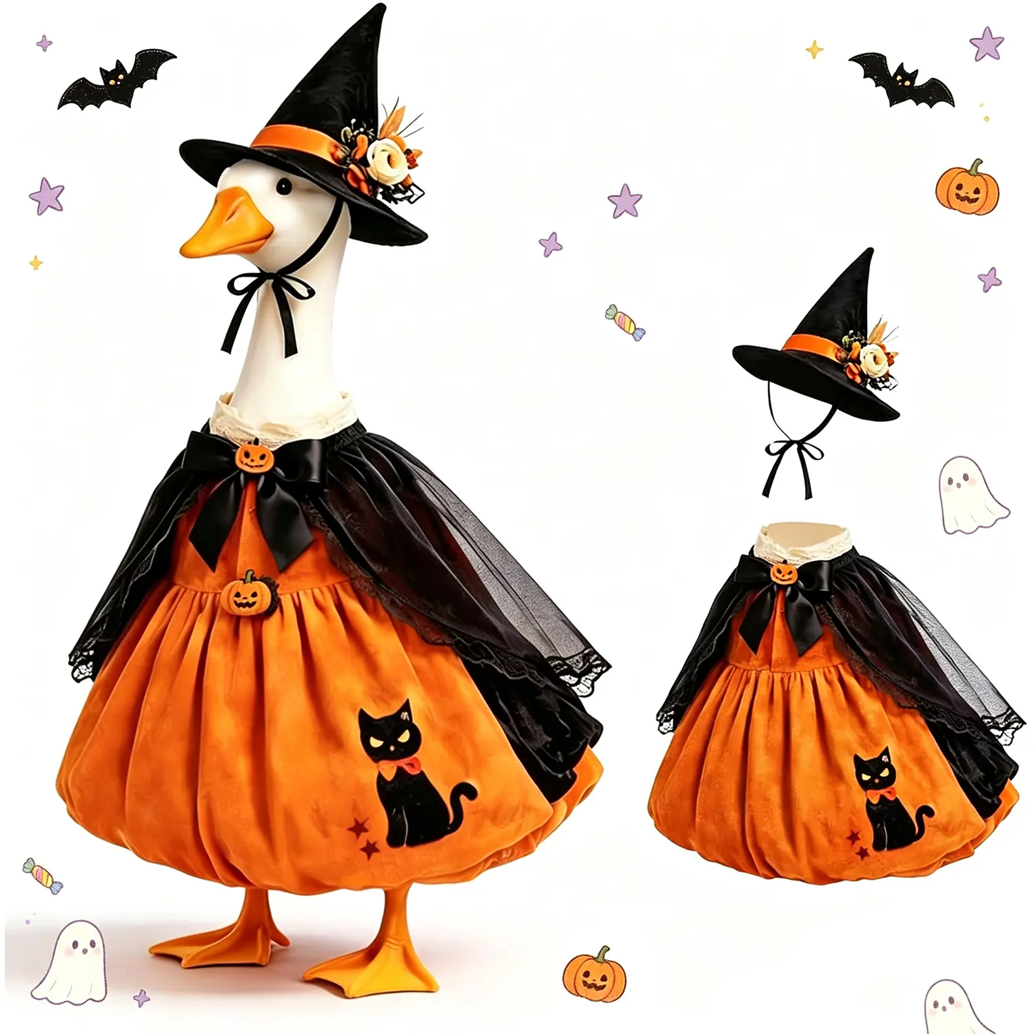 23-Inch Halloween Porch Goose Outfit Set - Magical Pumpkin Dress, Ghost Cape, Witch Hat for DIY Felt Crafts Toys & Hobbies Decor