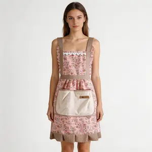 Floral Print Aprons for Women with Pockets Princess Silhouette Hand-Wipe Home Kitchen