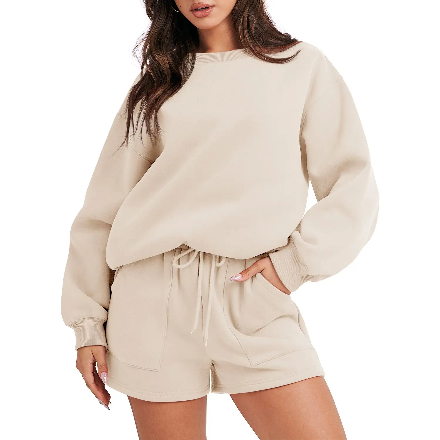 ANRABESS Women 2 Piece Outfits Fall Sweatsuit Oversized Sweatshirt & Lounge Shorts 2026 Casual Cozy Pajamas Tracksuit Set Loungewear Glam Lounge Wear Soft Lounge Sets