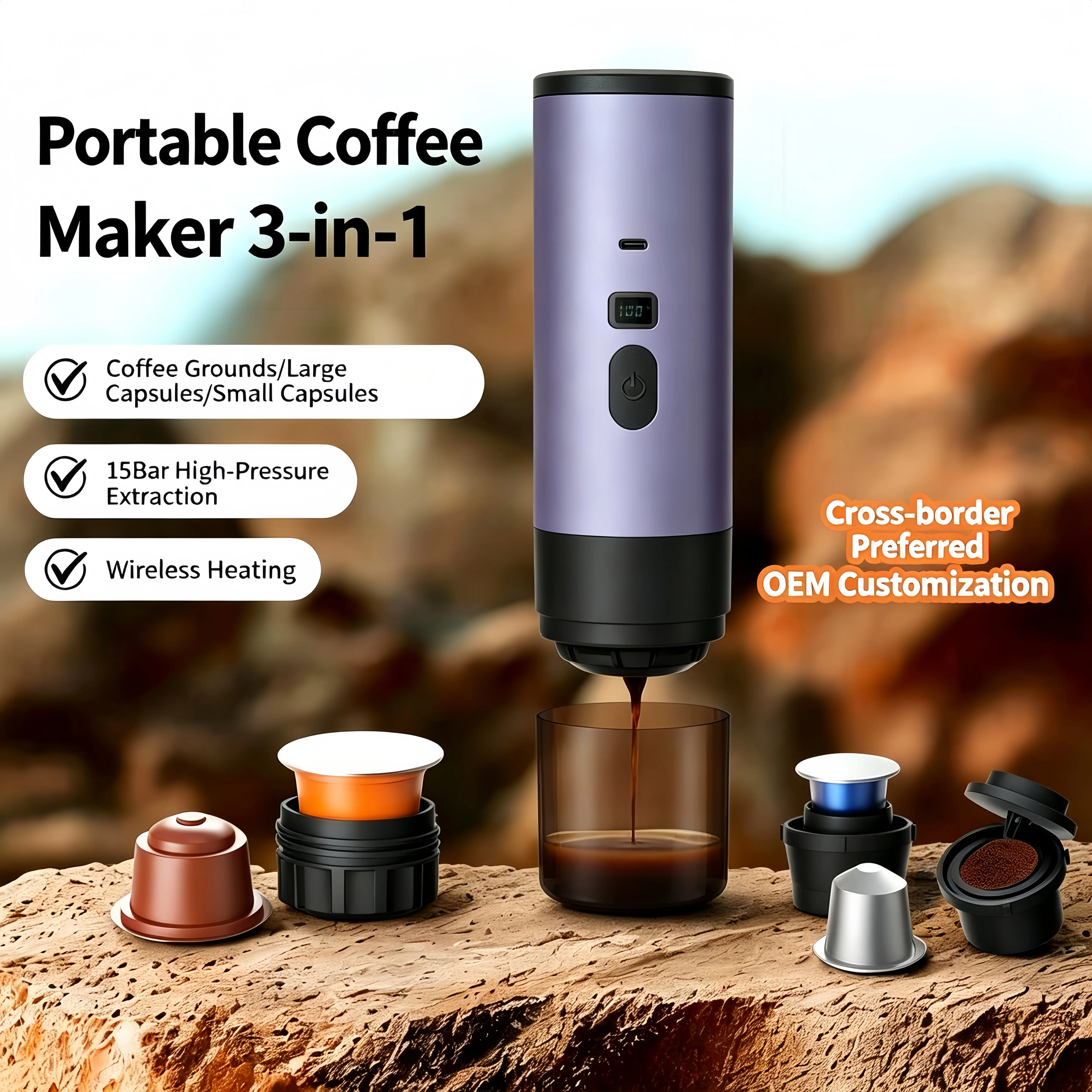 Rechargeable Portable Espresso Maker Hot & Cold Brew Coffee Machine Compatible with Ground Coffee and Capsules