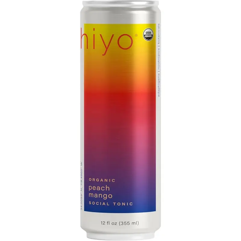 Hiyo Organic Social Tonic - Peach Mango, 12 FZ - N.A. Functional Seltzer, Sparkling Water Crafted with Organic Adaptogens, Nootropics & Botanicals