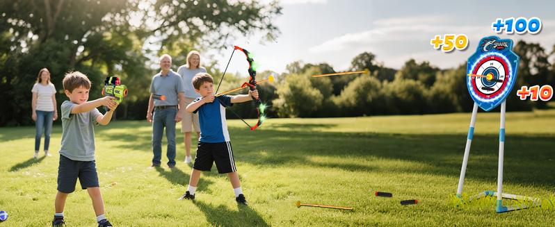 VATOS 2 Pack Bow and Arrow Toy with LED Light - 4 in 1 Archery & Dart Game Set with 20 Suction Cup Arrows, Shark Glow Target & Dart Board - Indoor/Outdoor Birthday Gift for Kids Boys Girls Ages 5-12