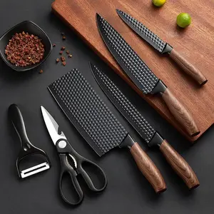 6pcs Kitchen Knives Set Non-Stick Stainless Steel Chef Knife Cleaver Cooking Kit, Japanese Damascus Pattern Steel Chef Knife Kitchen Knives