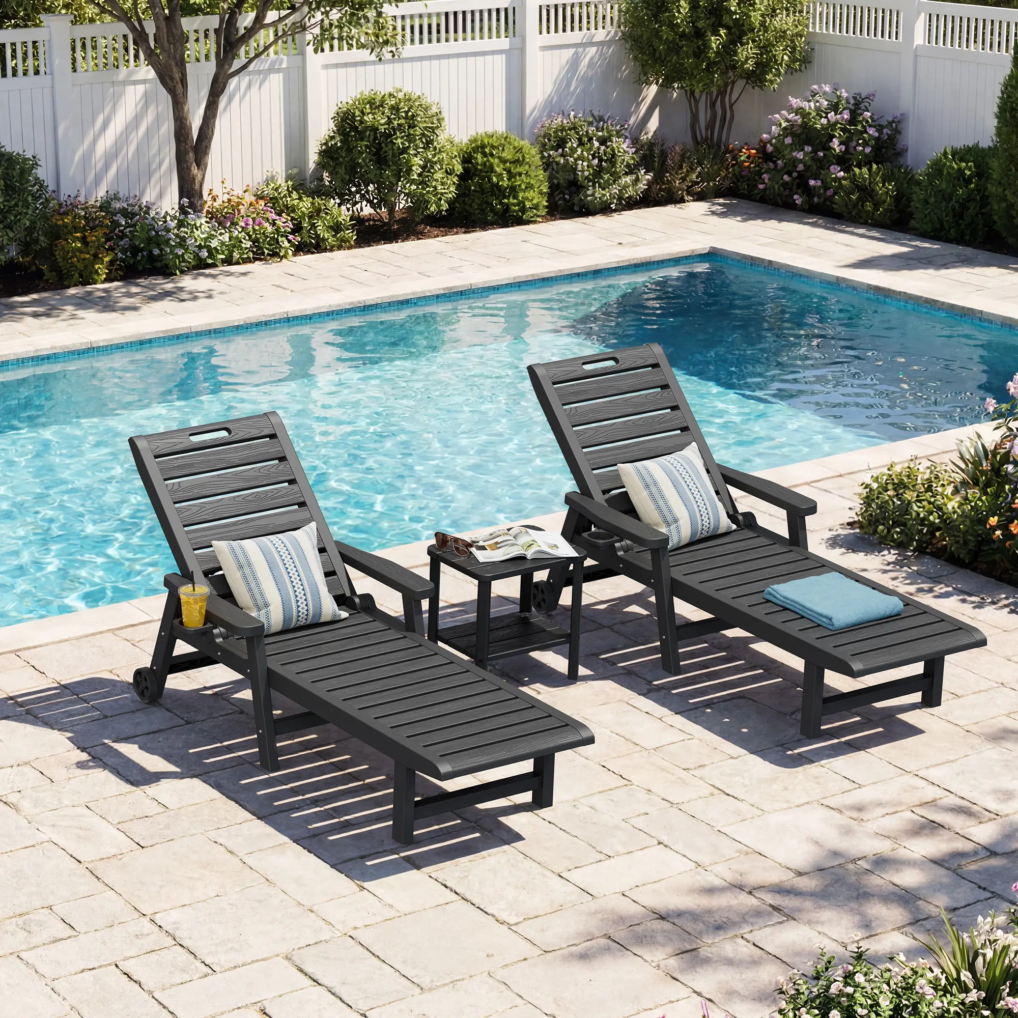 RIWENGO Outdoor Lounge Chair Set, 2-Piece Chaise Lounge Chairs with Wheels & Cup Holder, 5-Position Adjustable Pool Lounger for Patio, Deck & Backyard