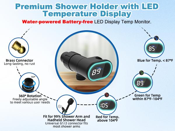 Hibbent Upgraded Filtered Handheld Shower Head, High Pressure 5 Sprays Handheld Showerhead with Filter, Remove Chlorine, Shower Head Holder with LED Display, Brass Pivot Bracket, 59'' Hose,Water-powered Battery-free Black