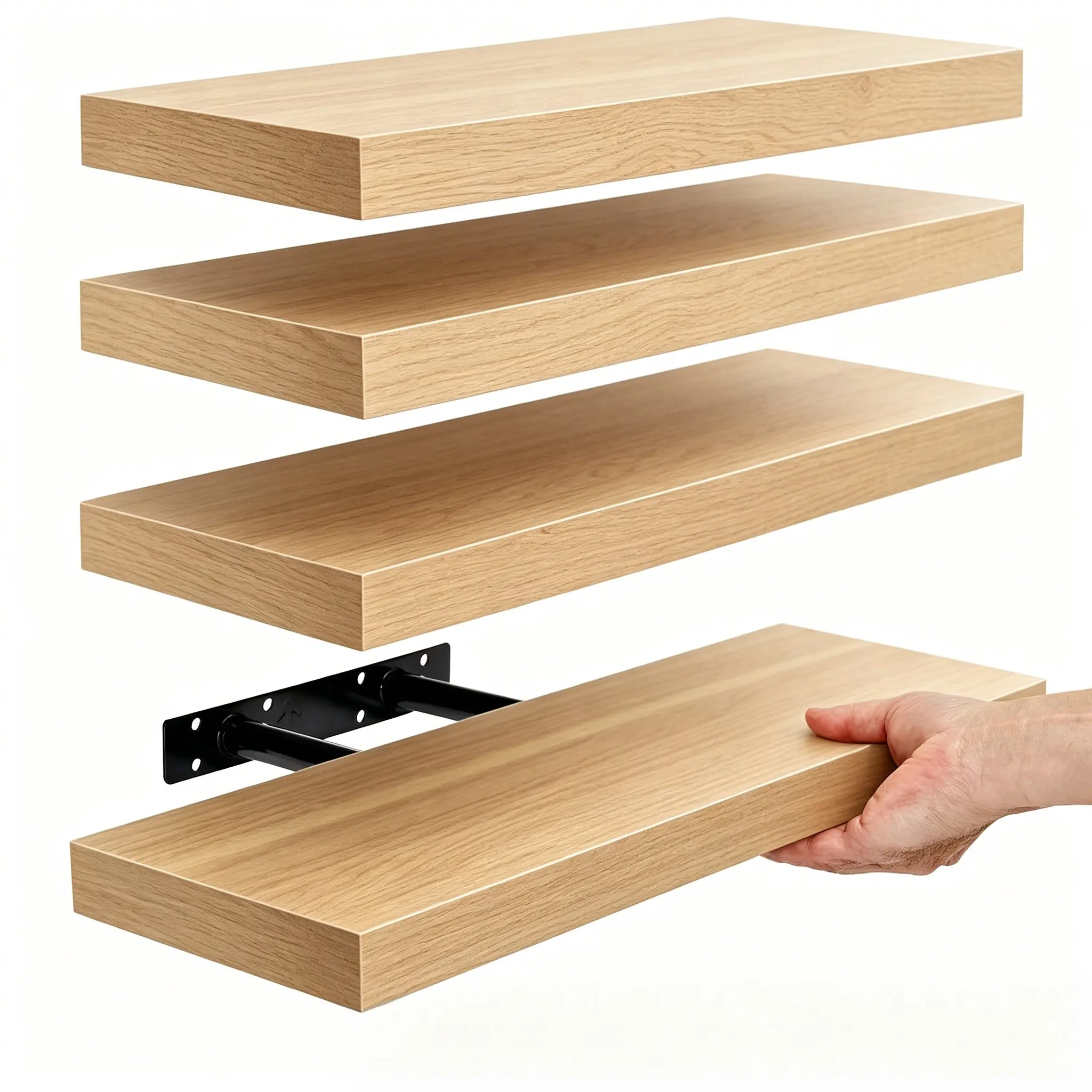 Bosniik Oak 15.8inch Floating  4 Sets with Invisible Brackets for Bedroom Bathroom Kitchen Living Room Decor Artificial Wood Frosted Surface 20 lb Capacity Easy Assembly Wooden   block wall shelves Plant desk Wall Mounted Organizer Wall Mount Design