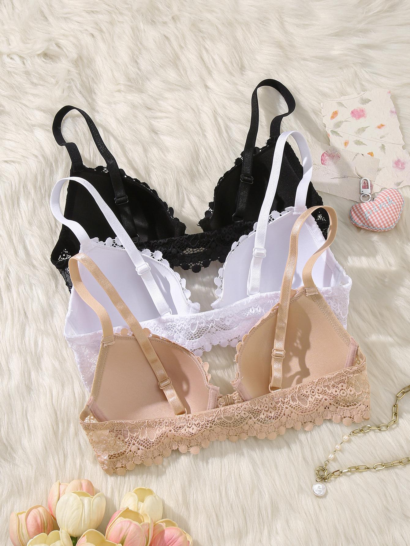 3PCS Women's Front Closure Push-Up Bra , Adjustable Straps, Sexy Elegant Lace Bras for Women, Soft Comfortable Breathable Everyday Wear Holiday Essential
