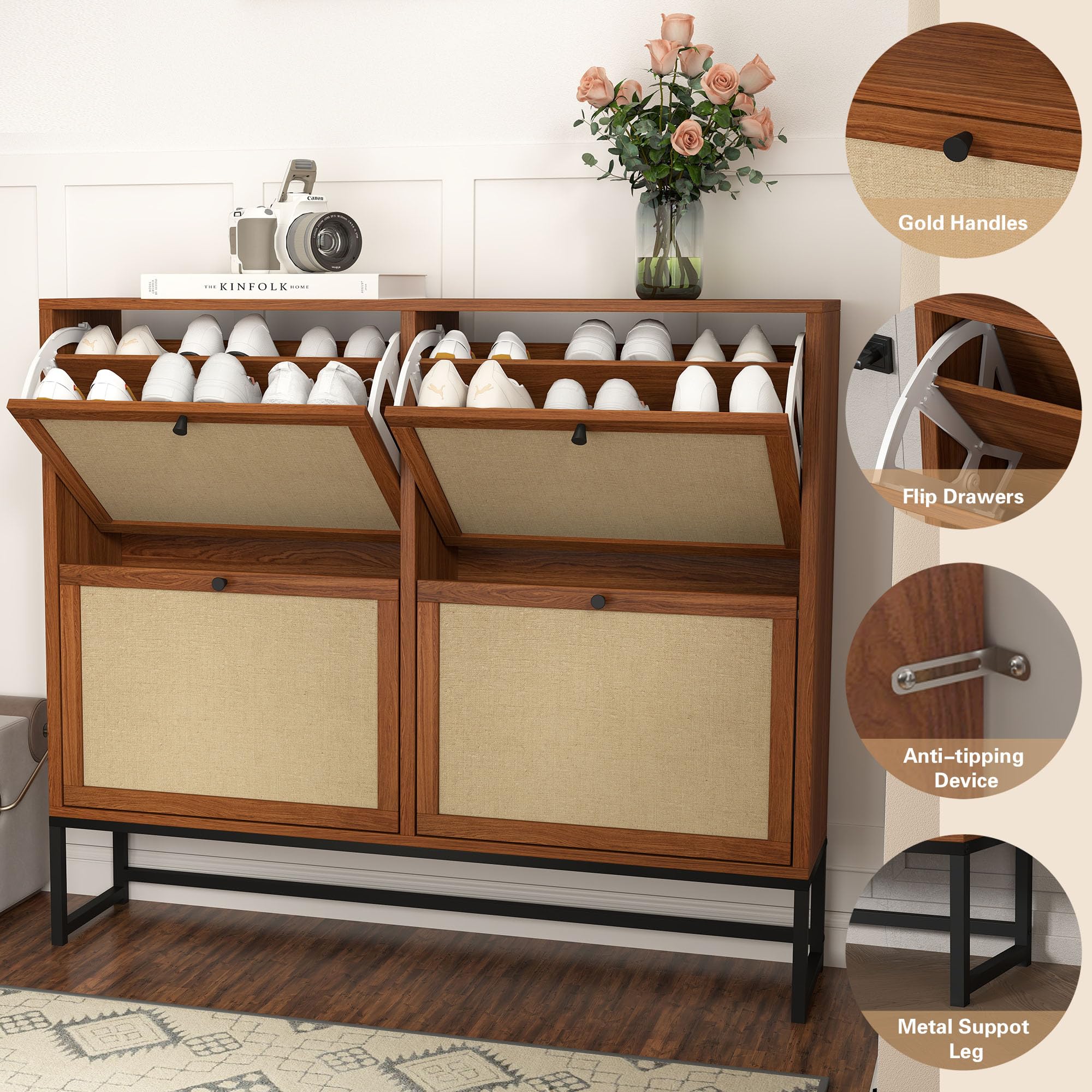 Giratree Shoe Cabinet, Shoe Cabinet Freestanding Tipping Bucket Shoe Rack Organizer with 2 3 4 Flip Drawers, Modern Entryway Narrow Shoe Rack for Entryway, Hallway, Bedroom