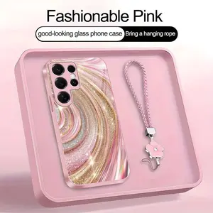 Luxury Rose Gold Swirl Phone Case with Flower Lanyard, Glitter Pink Art Aesthetic Cover for Galaxy S25 Ultra — 975