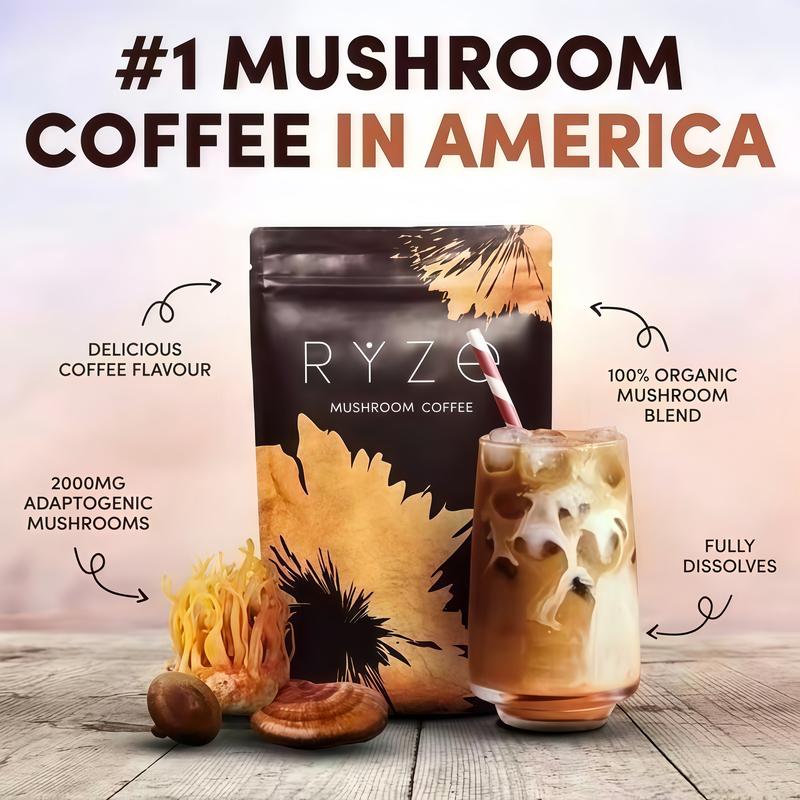 RYZE SUPERFOODS Mushroom Medium Roast Coffee USDA Organic with 6 Adaptogenic Mushrooms, USA Grown Instant Coffee for Better Energy, Focus Digestion Immunity with Lions Mane & Turkey Tail 30 Servings