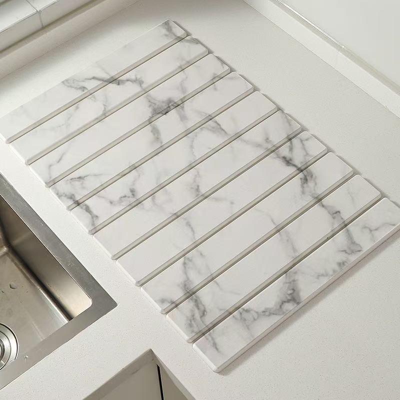 Large Diatomaceous Earth Dish Drying Mat - 24" × 16" for Kitchen Counter, Super Absorbent, Heat Resistant Dish Drying Mats, Eco-Friendly Diatomaceous Earth Stone Rack Tableware Mat ( White Marble) Coasters Stainless Steel Kitchenware