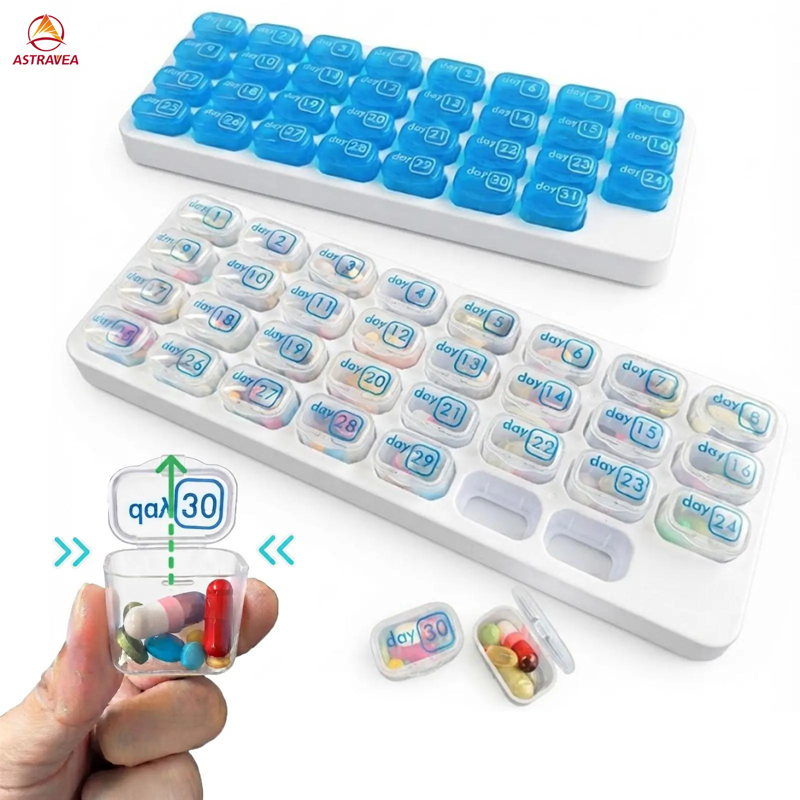 ASTRAVEA 31-Day  Vitamin Pill Box - Minimalist Home Organizer, Portable Individual Daily Pods, Easy Push-Open Latch, Arthritis-Friendly Design monthly