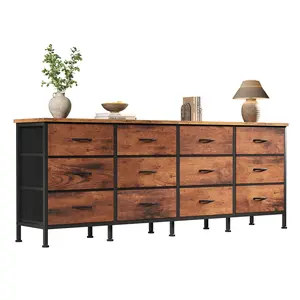 TV Stand with 12 Fabric Drawers, Metal Frame Storage Stand with Adjustable feet and Anti-Tip