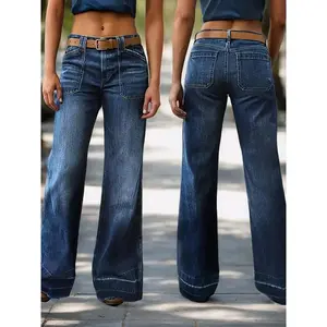 The New Trend Of 2025 Casual Wide-leg Jeans, Women'S Mid-waist Flares With Pockets, Are A Long Design Of Pants For All Seasons