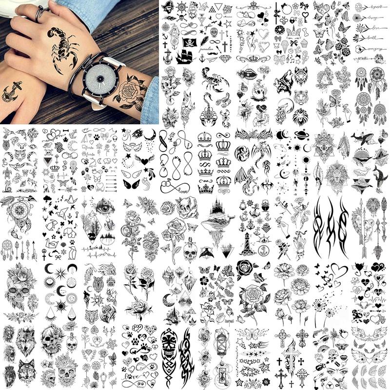 52 Sheets Creative Black Tiny Crown Infinity Triangle Fake Tattoos For Men Women Realistic Stars Letters Tattoos For Kids Tattoos Temporary Waterproof Arm Hand Face Finger Neck Tatoo Stickers