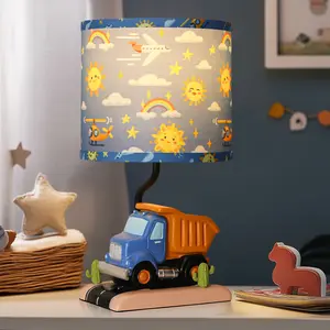 Cute Dump Truck Table Lamp for Kids Bedroom - Cartoon Vehicle Themed Bedside Lamp with Sun & Cloud Pattern Shade, Perfect Night Light for Boys Room Decor