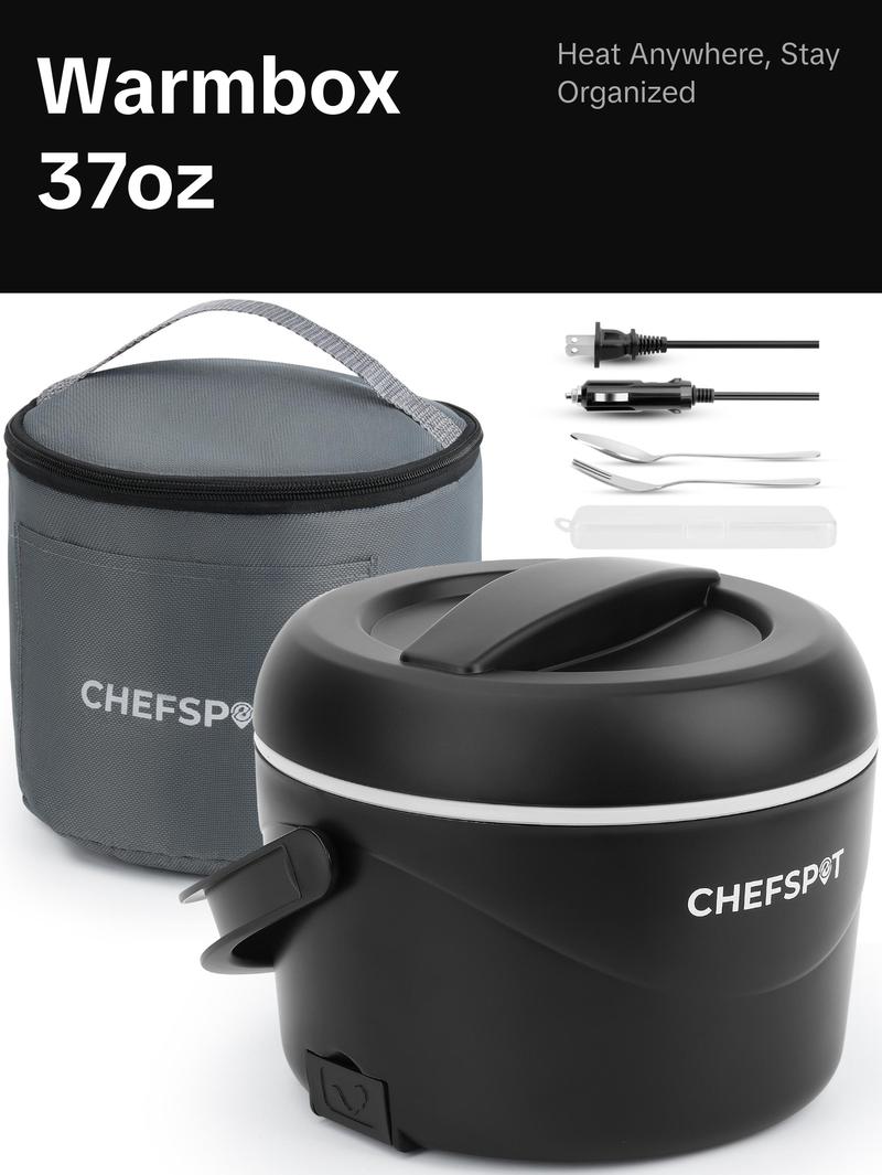 CHEFSPOT 37oz Electric Lunch Box Portable Food Warmer for Car & Home 12V/110V Heated Lunch Box with Stainless Steel Container Leak-Proof BPA-Free Includes Bag & Utensils