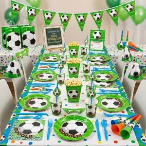 Soccer Party Supplies Set Football Themed Disposable Tableware Decorations for Birthday Parties Includes Plates Cups Napkins Tablecloth Banner Hats Cutlery Serves 10 Guests Vibrant Design Leak-Resistant Eco-Friendly
