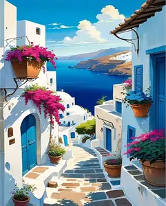 5D Square Diamond Painting Kit for Adults, Mediterranean Coastal Village with Bougainvillea, DIY Vibrant Seaside Art Craft for Wanderlust Home Wall Decor & Gifts