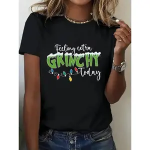[100% Cotton] Women'S Graphic T-Shirt. Christmas With "Feeling Grinchy Today" & Heart Print, Comfortable Medium Stretch Crew Neck Short Sleeve Casual Top, Relaxed Fit For Casual Attir Golf Gift T-Shirt For Men And Women Black Streetwear Womenswear Tshirt