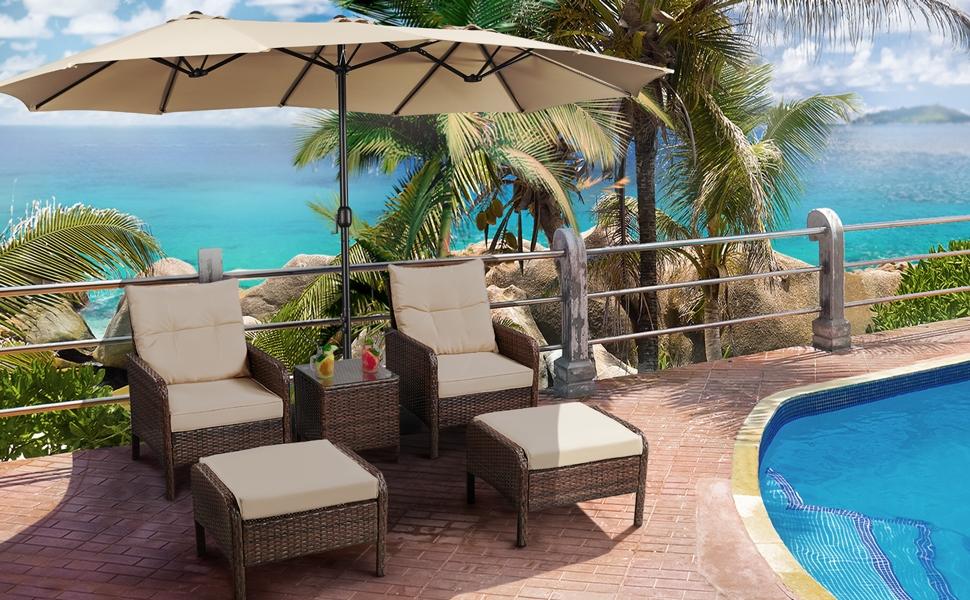 【Crazy Price】Yaheetech 15/13ft Heavy Duty Canopy Double Layer Cloth Patio Umbrella with 12 Ribs Hand Crank for Easy Opening 2 Sandbags Outdoor Design for Garden Pool and Lawn