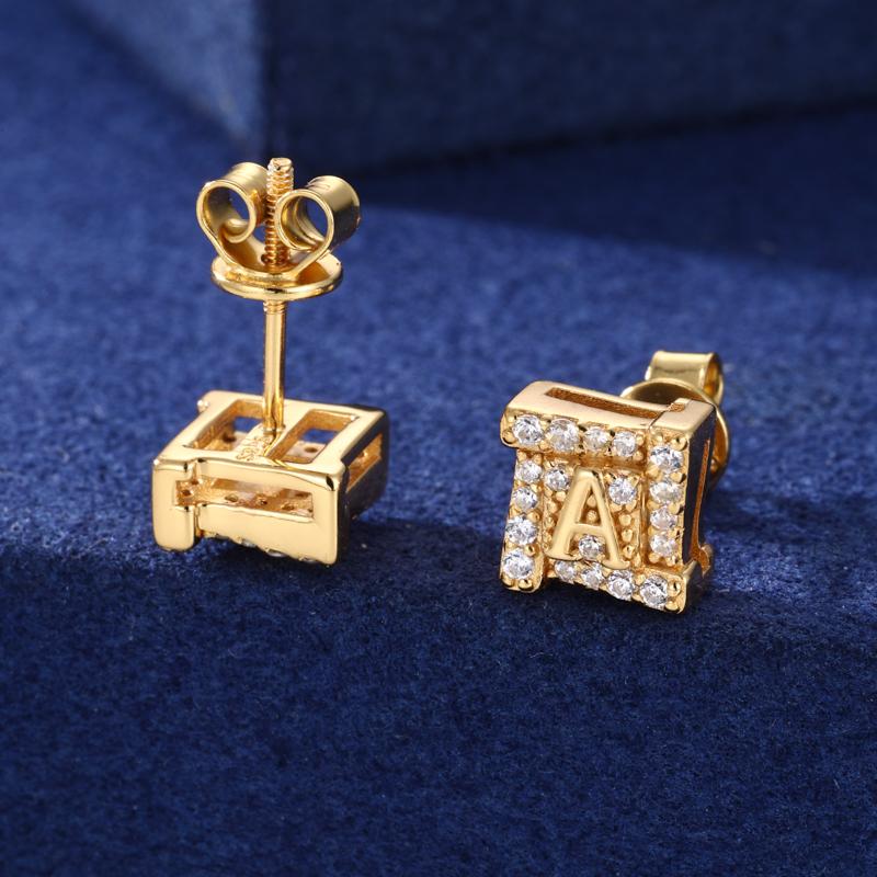 【#E592】Square letter Ice Out earrings UCCIYO Synthetic Moissanite Earrings For Women 925 Sterling Silver Stud Earring Men Hip Hop Jewelry Couple Gift