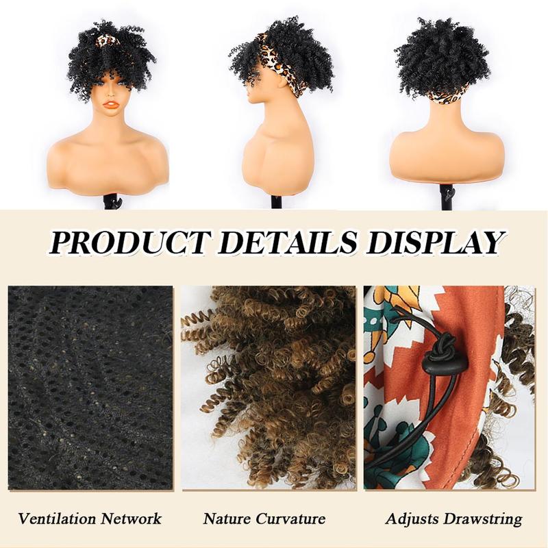 8inch Afro Headband Wig Kinky Curly Hair Wig with Bangs for Black Women Synthetic Turban Style Headband Wig Kinky Curly 2 in 1 Head Wrap With Headband Attached for Party Daily Use
