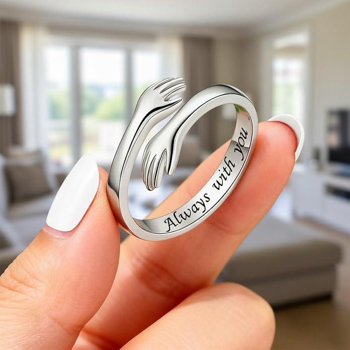SGGUI Hug Rings Adjustable Ring with "Always with You" Engraving High-Quality Nickel-Free Jewelry for Dad Mom Wife Daughters Grandma Best Friend Teens,Hugging Hands Open Ring for Men Affection Rings Valentine's Day