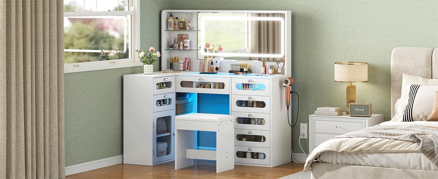 Oak-colored vanity table with mirror light fixture, three color modes, dual RGB drawers, large-capacity tempered glass cabinet body, power outlet, adjustable lighting, ample storage space, built-in charging station