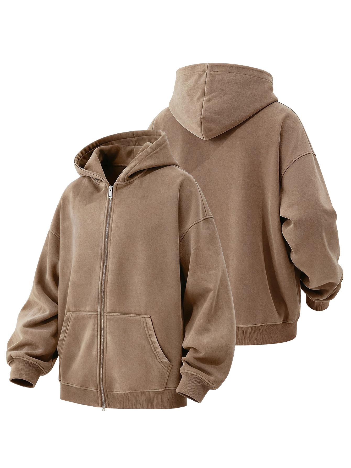 CCCMAI Men's Loose Fit Casual Windproof Zip-Up Hooded Jacket Sweatshirt in Polyester for Daily Commutes, Autumn Winter Outdoor Sports and Travel, Menswear Long Sleeve Coats Plain Tops